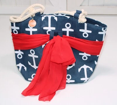 Грязь пирог большого размера джутовый пляж сумка с короткими ручками грязи пирог съемный саронг синий якоря - Изображение 1 из 4