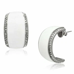 Pendientes de aro de cuarto de cristal transparente esmaltado blanco de acero inoxidable - Imagen 1 de 1