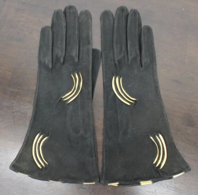 Vintage Kid Soft Leather Gloves Women Small Black Gold Formal 1940 - Image 1 of 4