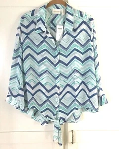 Top para mujer CHICO'S con botones delanteros manga 3/4 largo Zig Zag Dallas Aqua Nuevo con etiquetas - Imagen 1 de 2