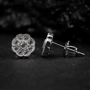 Men's Small White Gold Sterling Silver Flower Cluster Hip Hop Stud Earrings - Picture 1 of 5