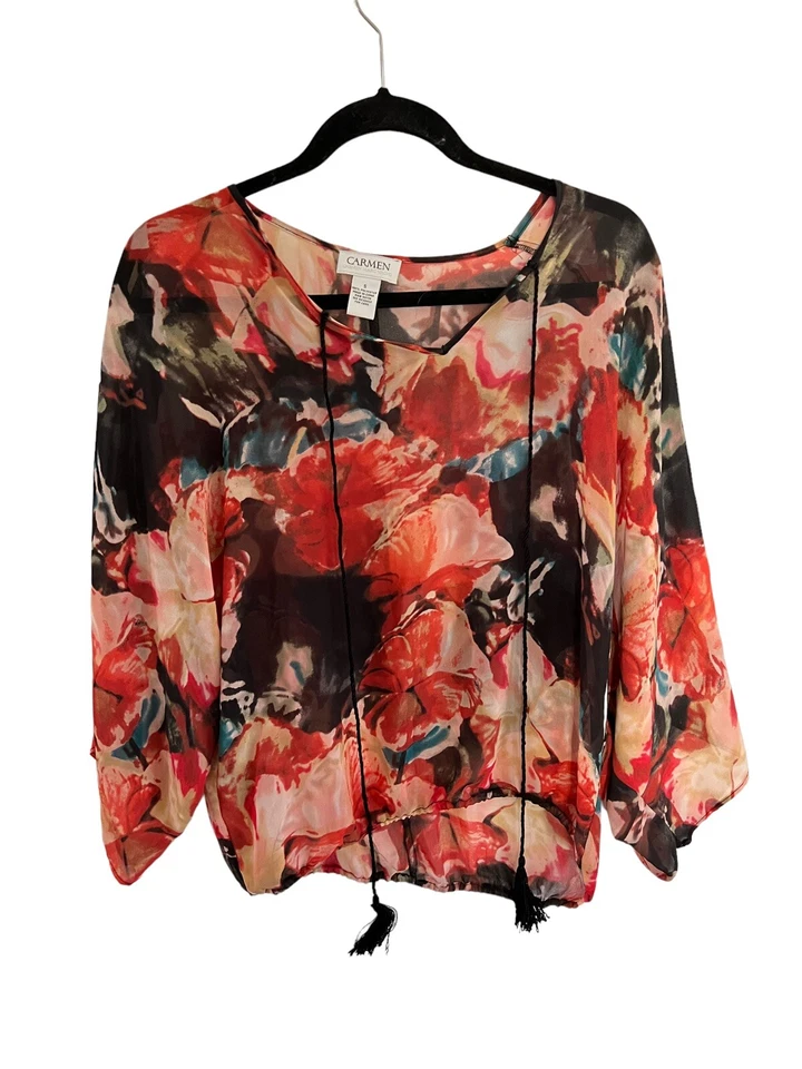 CARMEN Womens Top Carmen Marc Valvo Abstract Print Semi Sheer Blouse Sz Small - Image 1 of 3