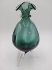 MCM Tripod Footed Ruffled Vase Hand Blown Smoky Green Art Glass Applied Collar 