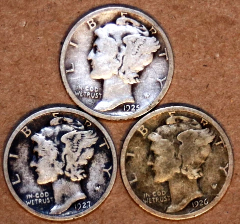(3) Mercury Dimes - 1925(VG) 1926(VG) 1927(Fine) - #3193CA621 - FREE SHIPPING Cover
