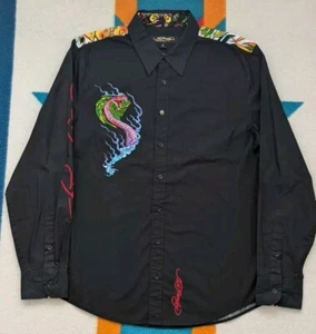 Ed Hardy by Christian Audigier Button Up Shirt Dragon ArmHit Tattoo Flower Large - Picture 1 of 6