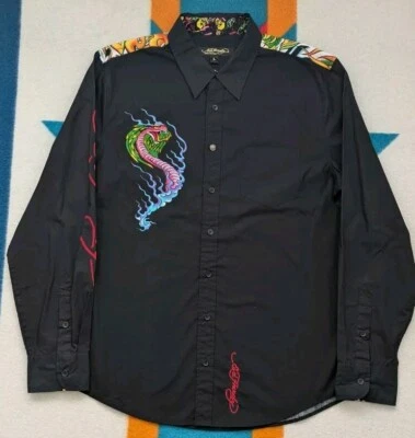 Camisa Ed Hardy por Christian Audigier Abotonada Dragón Brazo Tatuaje Flor Grande Foto 1 de 4