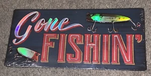 Tin “Gone FISHING” fishing wall sign / decor 10 1/2" x 5" - Picture 1 of 4
