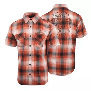 Harley-Davidson Men's Orange Black White Plaid Special Oil S/S Woven Shirt (S33) - Picture 1 of 7