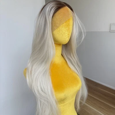 Peluca larga lacta resistente al calor cabello rubio platino suave T encaje frontal en capas Foto 1 de 4