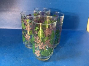 Libbey Purple Violets Flat Tumbler Glass  Vintage Glassware Floral  Lot Of 4 - Picture 1 of 3