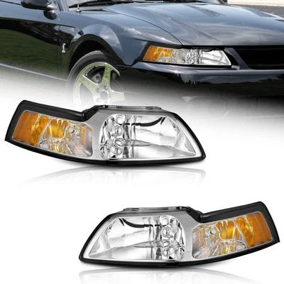 Pair Headlights Assembly Chrome For 1999-2004 Ford Mustang Headlamps w/o Bulbs Foto 1 de 4