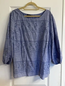 Talbots Damen Plus Ösen bestickt Bauern Shirt Top Bluse 2X blau gefüttert - Bild 1 von 8