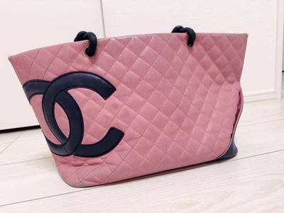 CHANEL Cambon Ligne Tote Bag Pink Black Calfskin Leather Handbag from Japan - Image 1 of 4