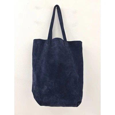 BAGGU Top Handle Navy Blue Suede Leather Tote Bag Shopper Made in USA Bohemian - Image 1 of 4