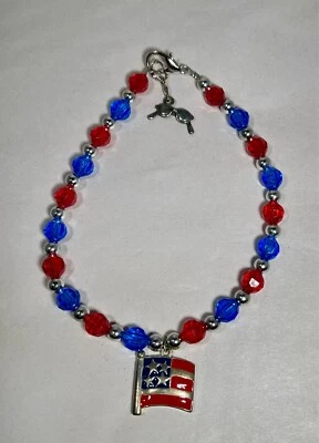 Patriotic Dog Necklace Handmade Red, Blue & Silver Beads with USA Flag Charm - Image 1 of 4