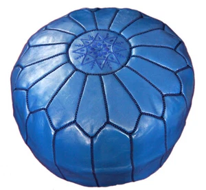 Moroccan Pouf Footstool Hassock Ottoman Poof Handmade Leather Genuine Blue - Picture 1 of 3