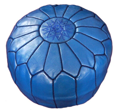 Moroccan Pouf Footstool Hassock Ottoman Poof Handmade Leather Genuine Blue - Image 1 of 3