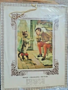 Vintage Magic Changing Picture No Date Boy w Dog & Lady Have Tea w A Bear Pull Tab - Bild 1 von 3