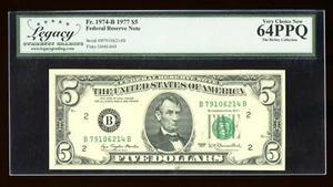 DBR 1977 $5 FRN New York Fr. 1974-B Legacy 64 PPQ Serial B79106214B - Picture 1 of 2