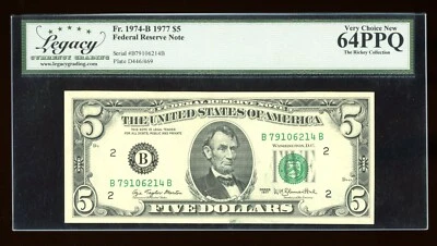 DBR 1977 $5 FRN New York Fr. 1974-B Legacy 64 PPQ Serial B79106214B - Image 1 of 2