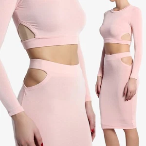 TheMogan Cut Out Long Sleeve Crop Top Pencil Skirt  Set 2 Piece Bodycon Dress - Picture 1 of 15