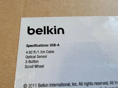 NUEVO SELLADO BELKIN USB-A RATÓN DE DESPLAZAMIENTO DE 3 BOTONES CON CABLE DE 5' - F5M0100QBLK Foto 1 de 2