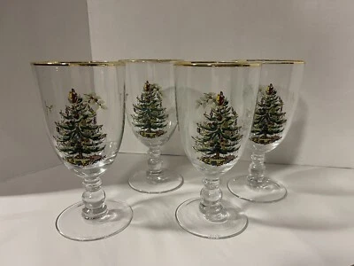Spode Christmas Tree 16 Ounces Pedestal Goblets with Gold Rims, Set of 4 - Image 1 of 3