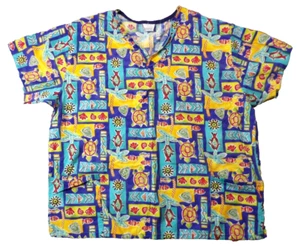 Vtg Womens WS White Swan Scrub Top Vivid Tropical Fish Turtles V Neck 90's Y2K - Picture 1 of 10