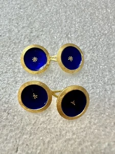 18k 750 Yellow gold & Royal Blue Enamel Antique Button Cuff Links 6.26 Gs - Picture 1 of 9