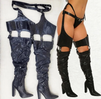 Cape Robbin черный змея Chaps подпоясанный бедра ботинки коренастый высоких каблуках размер 8,5 - Изображение 1 из 3