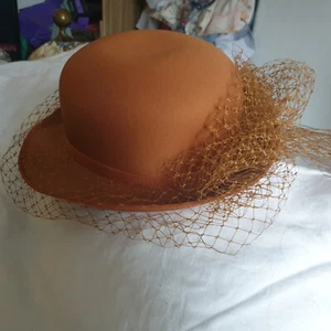 Vintage 80s Kangol Orange Bowler Hat Net Veil Steampunk Retro Edwardian - Picture 1 of 9