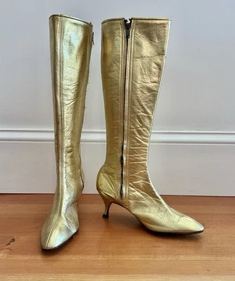 Vintage 1960's Gold Leather Kitten Heel Boots Deadstock Unworn with Flaws - Image 1 of 4
