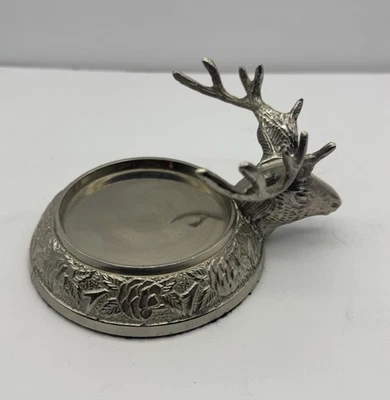 Metal Pillar Stag Reindeer Candleholder 6” W X 3 1/2” T Holiday Silver - Image 1 of 4