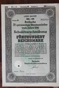 Badische debt bond 1941 over 500 Reichsmark (WP1) - Picture 1 of 1