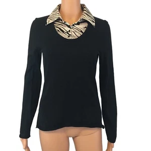 Cato Sz Medium Black Long Sleeve Sweater w/ Purple Zebra Print Button Up Collar - Picture 1 of 11
