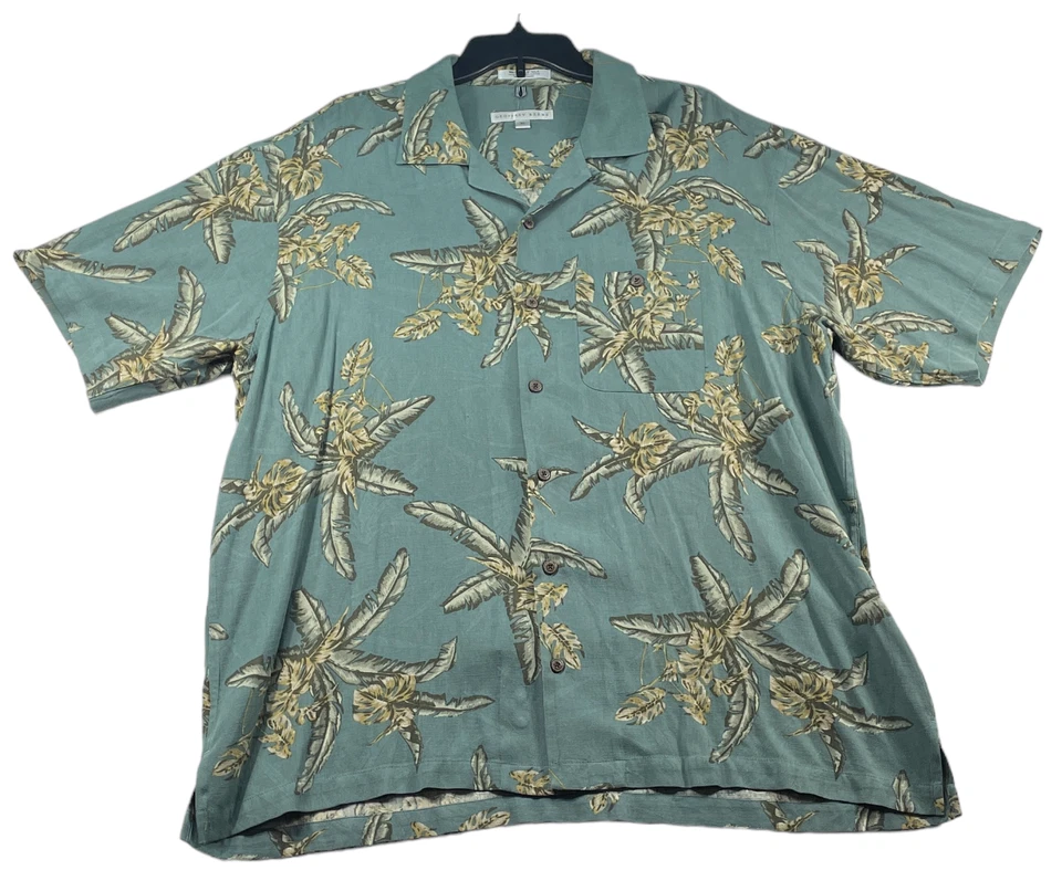 Camisa con botones Geoffrey Beene para hombre talla XL verde palmeras tropicales mezcla de seda Foto 1 de 4