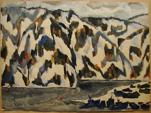 Ukrainian Soviet USSR tempera Painting fauviusm cubism seascape Lake Baikal boat - Picture 1 of 8