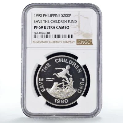Philippines 200 piso UNICEF Save the Children Child Year PF69 NGC Ag coin 1990 - Image 1 of 2
