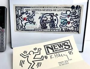 KEITH HARING - Signierter Dollarschein 1987 mit signiertem Flyer 1985 zwei rote Herzen - Bild 1 von 4