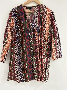 Ishka Dress Aztec printed v neck Tunic Top Dress Long Sleeve XL Boho Gypsy - Picture 1 of 8