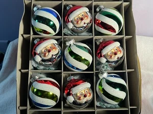 Radko Shiny Brite set of 9 Santa faces & curvy striped balls EX8779 - Picture 1 of 9