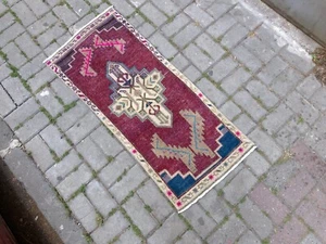 TRIBAL VINTAGE ART DECO HAND KNOTTED OUSHAK WOOL HANDMADE TURKISH DOOR MAT RUG - Picture 1 of 11