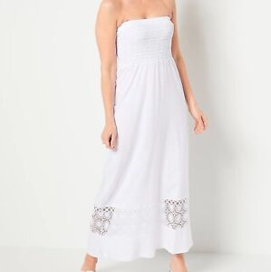 Y-370 Belle Beach by Kim Gravel Smocked Cover-Up Maxi Dress WHITE sz M petite