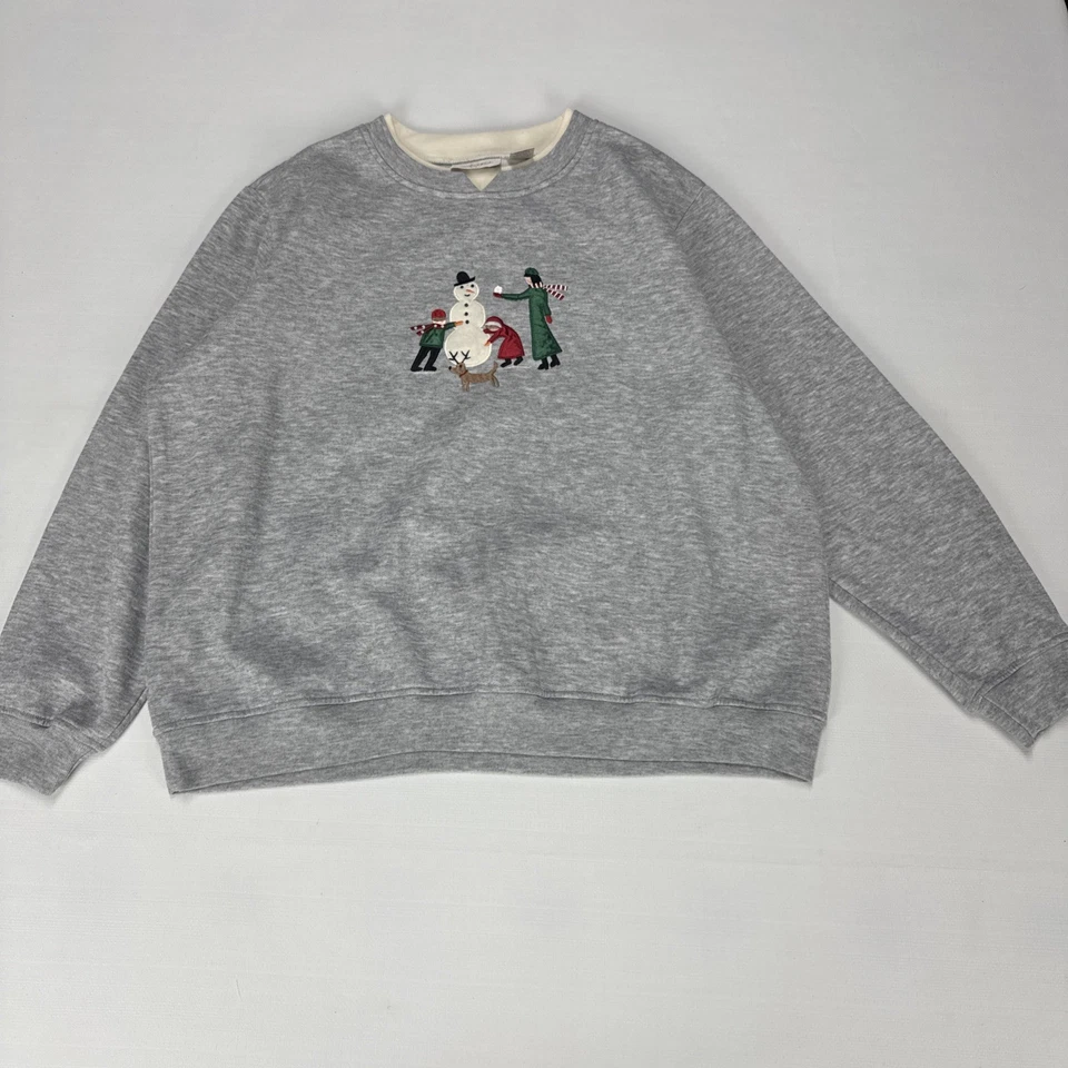 Vintage CHRISTMAS Jumper Adult XL Heather Grey Embroidered Snowman Family - Image 1 of 4