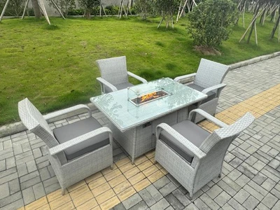Fimous Rattan Garden Furniture Rising or Gas Fire Pit Table Chair Set Light Grey - Image 1 of 4