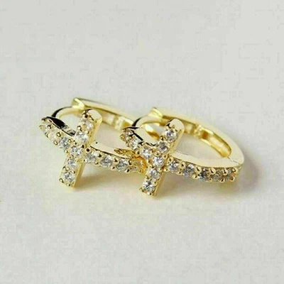 2Ct Lab Created Round Diamond Cross Women's Hoop Earrings 14k Yellow Gold Finish - Image 1 of 3