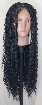 32" Knotless Braid Human Synthetic Blend Wig Boho Curly Ends Baby Hair HD Lace - Image 1 of 4