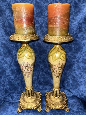 Vintage-Inspired Luxury Pillar Candle Holders-Set of 2-Grape Design-Distressed - Image 1 of 4