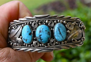 New Navajo Cuff by Darryl Morgan Pilot Mountain Turquoise & Sterling 55grm 6 7/8 - Picture 1 of 10