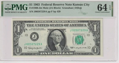 Fr 1900-Jm 1963 $1 FRN J00587229A bp429 PMG 64EPQ KANSAS CITY MULE - Image 1 of 2